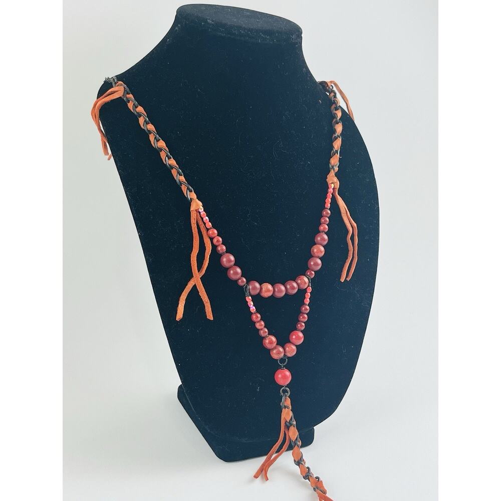 Annie Costello Brown necklace Orange Suede Leather Beaded Twisted Lariat Y Drop